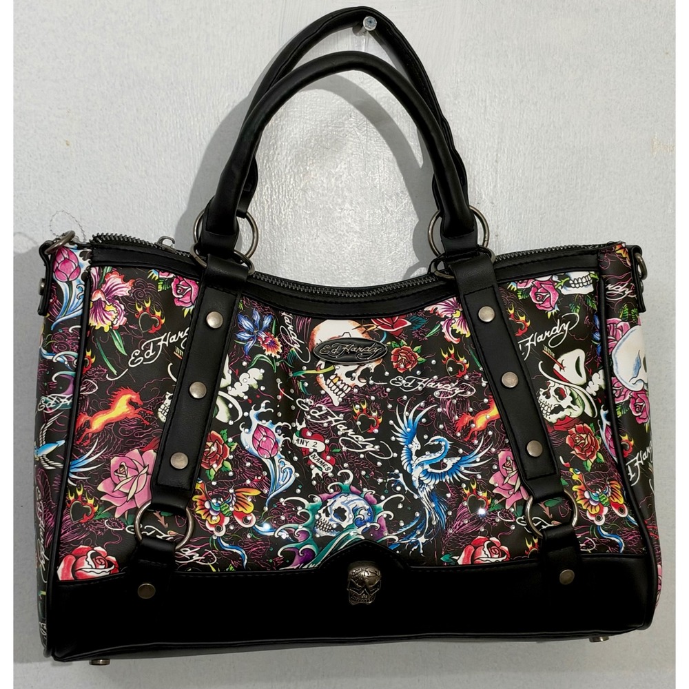 Ed Hardy Satchel Tote Bag Black Skull Rose Tattoo Print Rhinestone Y2K Purse NWT
